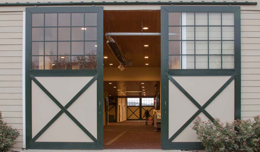 Style BED006 - Sliding barn-end door with framed glass top