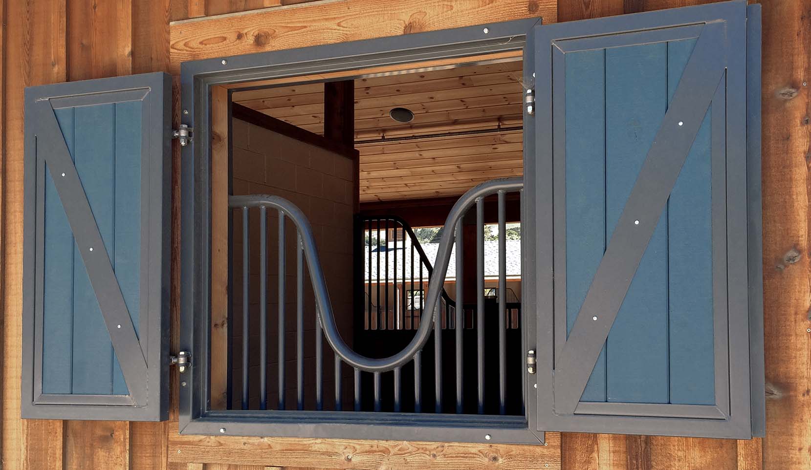 Hinged shutter with custom color and vertical wood fill