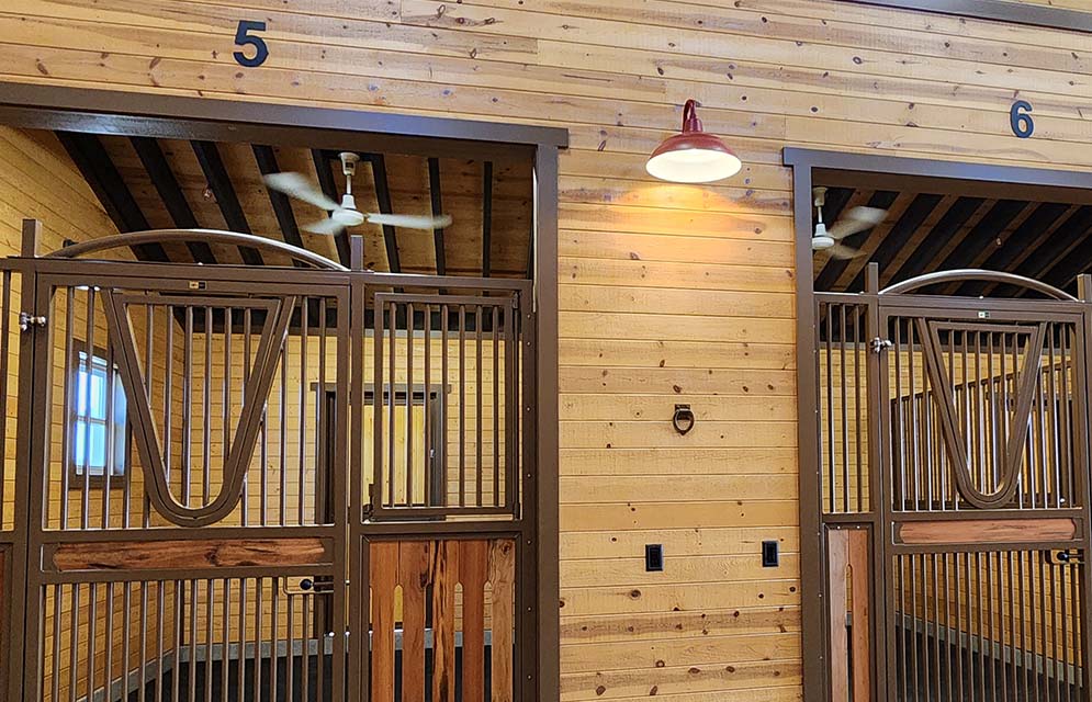 Indoor horse stall ceiling fan. High Euro hinged horse stall door
