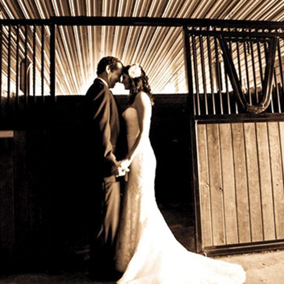 Bill and Lori Z wedding photo in front of sliding horse stall doors with yoke.