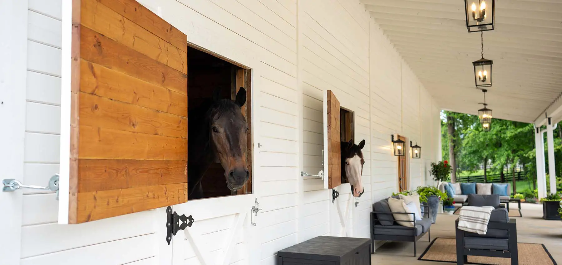Exterior Dutch doors with horses overlooking patio