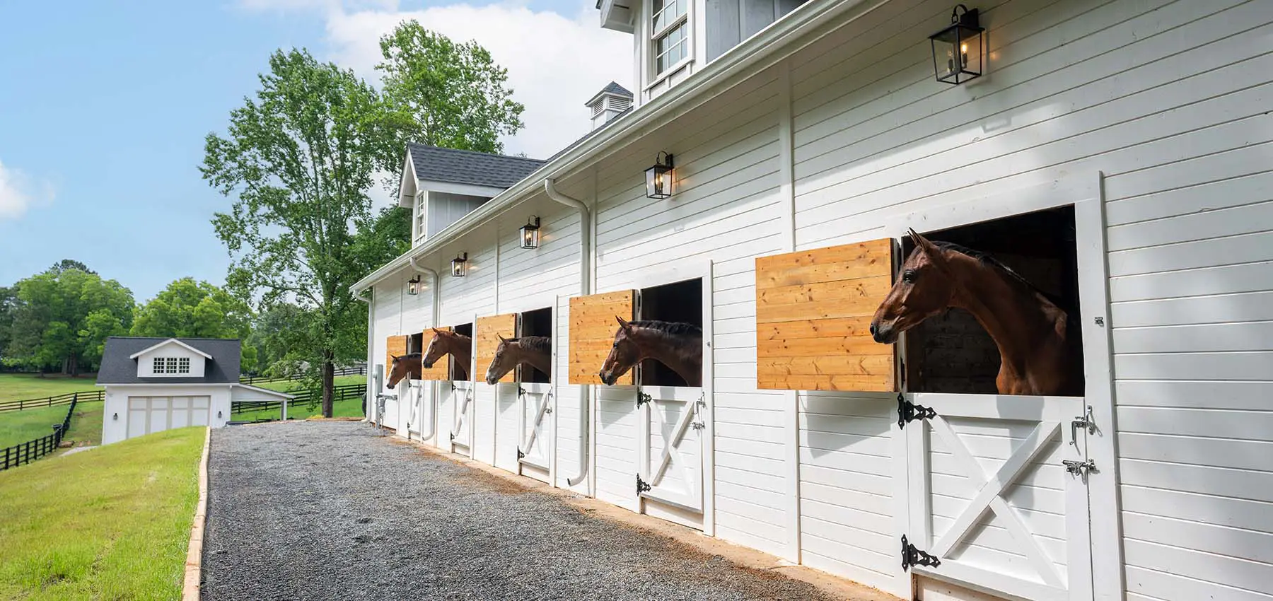 Exterior view of row of Dutch doors with horses overlooking turnout fields