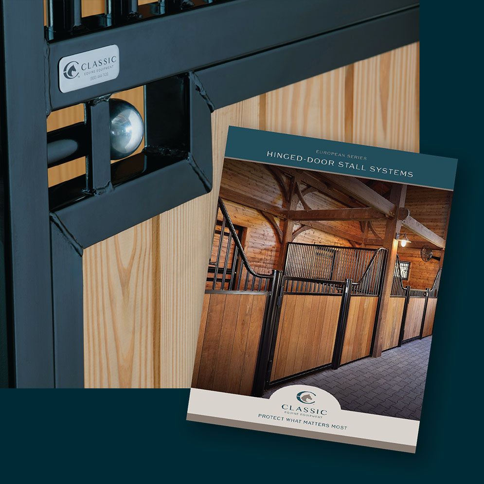 Close up European Hinged Door Stall Systems and brochure cover