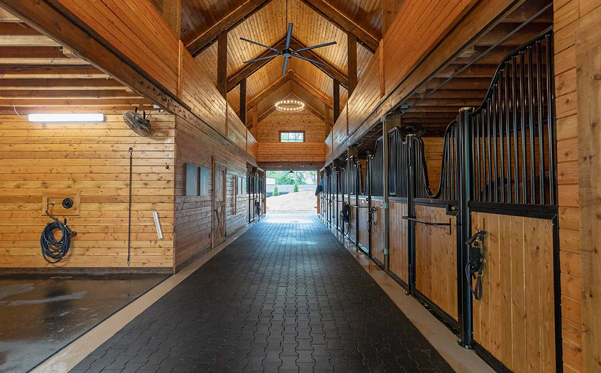 Odyssey Farms High Euro Stall Fronts on the right and Wash bay on the left.