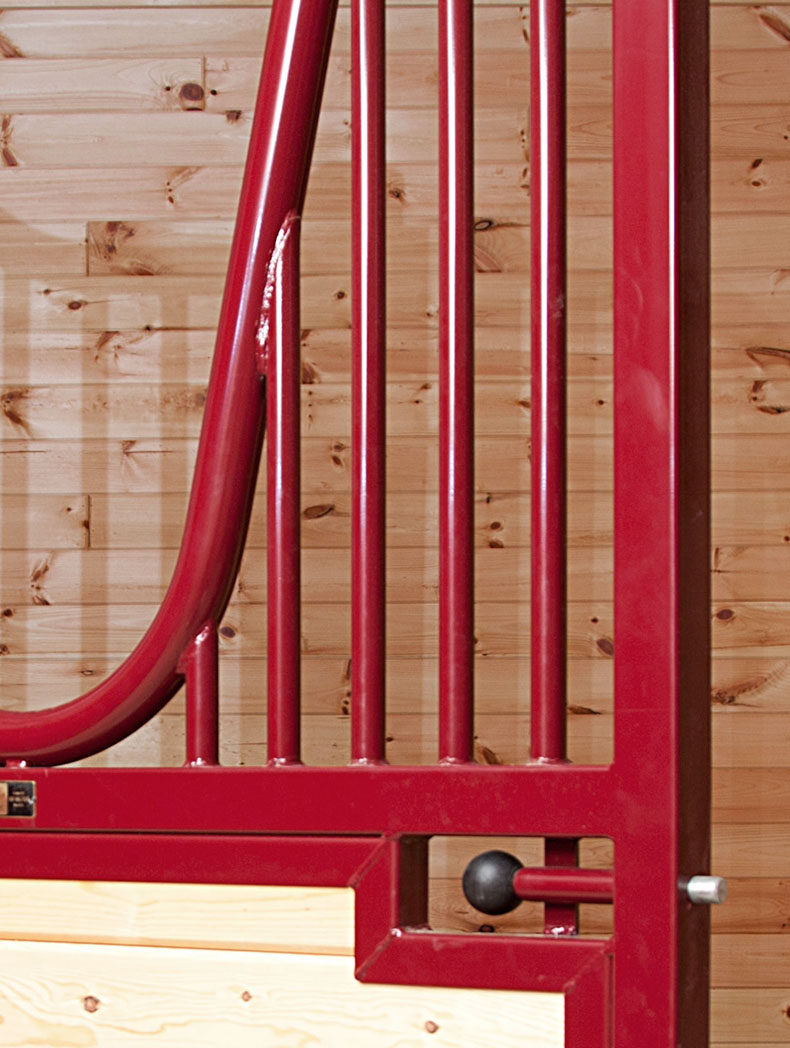 Red horse stall front with plunger latch