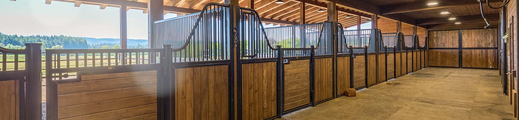 Euro hinged horse stall fronts and partitions in Oregon horse barn.