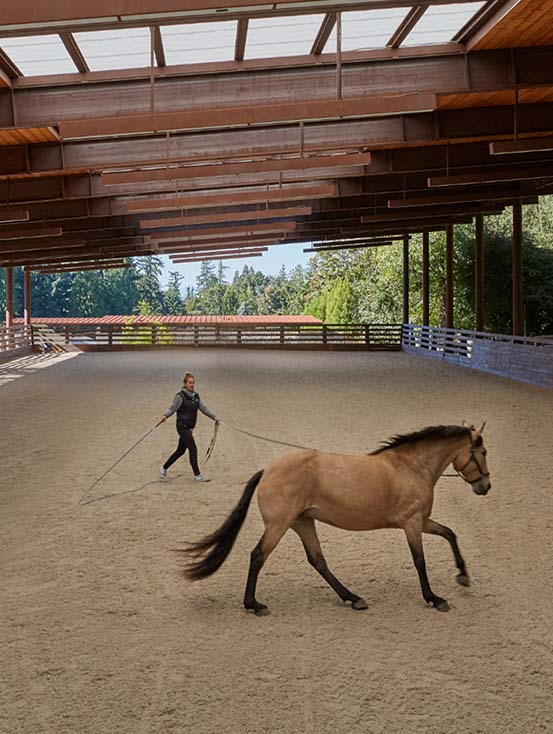 Trainer lunging a horse in an indoor arena.